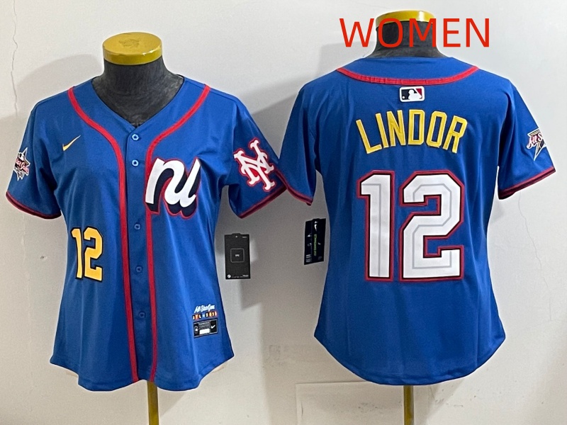 Women 2025 New York Mets #12 Lindor Blue All star Nike MLB Jersey style 004